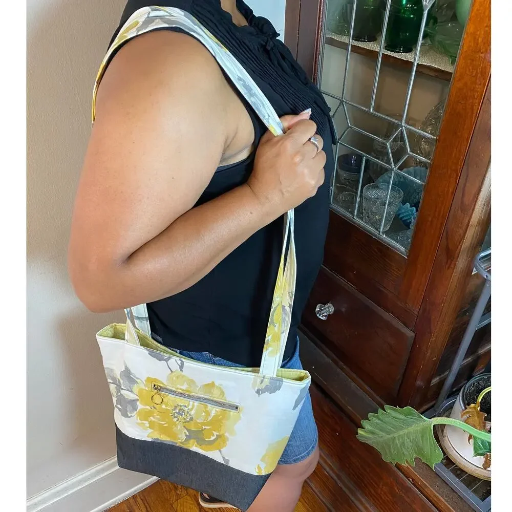 Handcrafted Fabric Purse Cream Artisan Carryall Tote Floral Denim Shoulder Bag